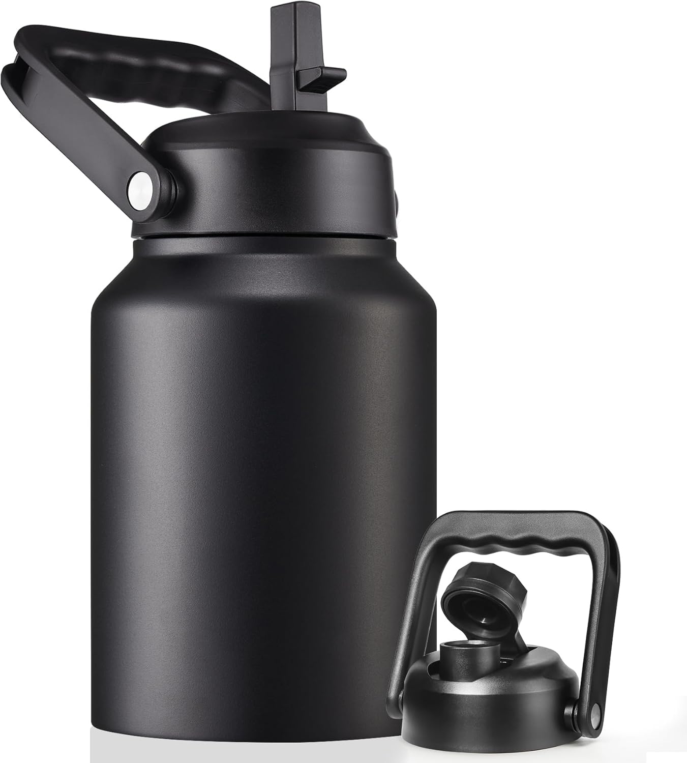Half Gallon Insulated Water Bottle Jug with Straw, 64 oz Large Stainless Steel Sports Metal Water Flask with Handle, Thermal Water Cup Mug with 2 Lids, Black