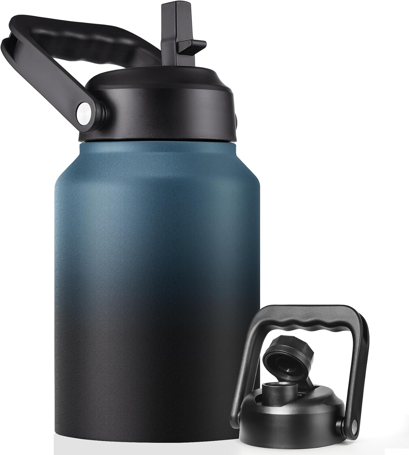Half Gallon Insulated Water Bottle Jug with Straw, 64 oz Large Stainless Steel Sports Metal Water Flask with Handle, Thermal Water Cup Mug with 2 Lids, Indigo Black