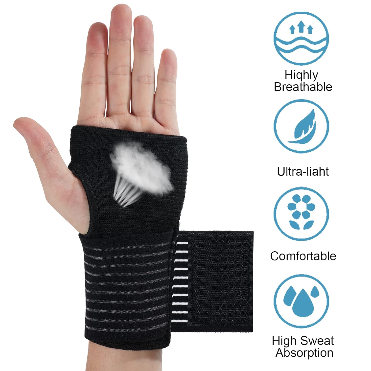 Wrist Brace, 2 Pack Elastic Wrist Support with Strap, Wrist Compression Wrap Adjustable Wrist Strap Relieves Wrist Pain, Tendonitis, Use for Men and Women, Right & (Black) - Image 2